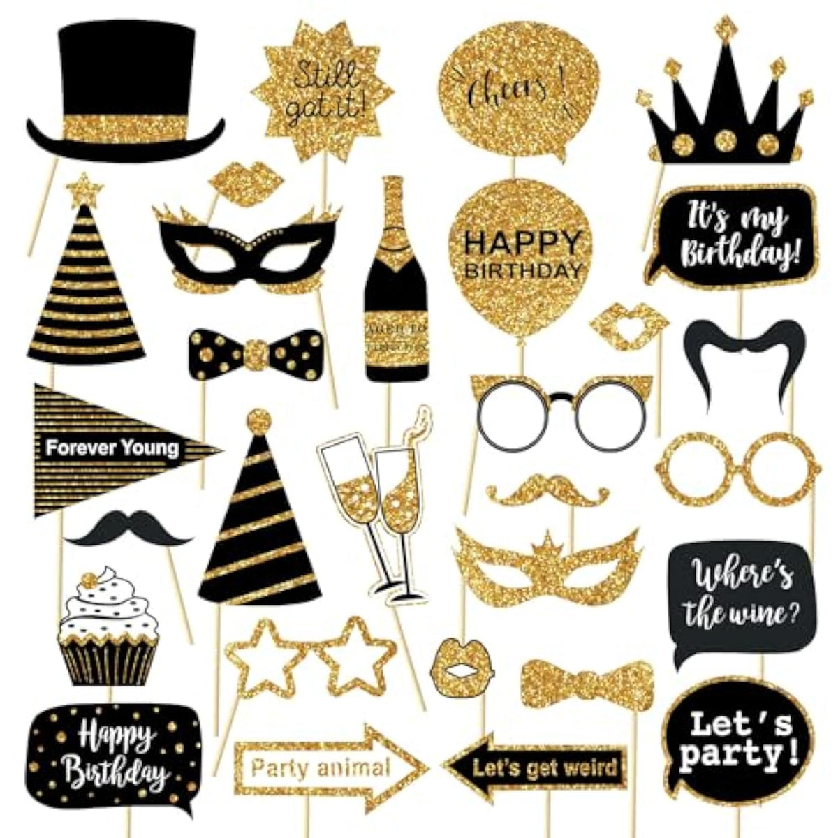 30 Pcs Gold And Black Birthday Photo Booth Props Kit, Happy Birthday Decorations, Funny Selfie Photo Props For 40Th 50Th 60Th Birthday Graduation Wedding Party Supplies