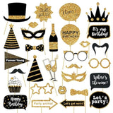 30 Pcs Gold And Black Birthday Photo Booth Props Kit, Happy Birthday Decorations, Funny Selfie Photo Props For 40Th 50Th 60Th Birthday Graduation Wedding Party Supplies