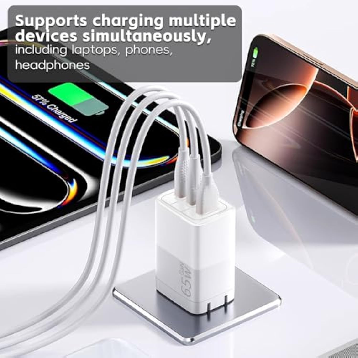 65W Gan Fast Charger, 3-Port Usb C Pd Power Adapter (2×Usb-C + 1×Usb-A) – Compact & Foldable For Macbook Pro/Air, Iphone 16, Ipad, Galaxy S25, Dell Xps – Travel-Friendly & Overheating Protection