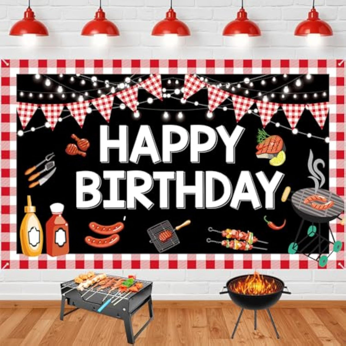 Bbq Birthday Party Decorations - Large Happy Birthday Banner, Red Gingham Picnic Backdrop For Baby Shower, Barbecue Party Supplies, Yard Outdoor 70.8 X 43.3 Inch