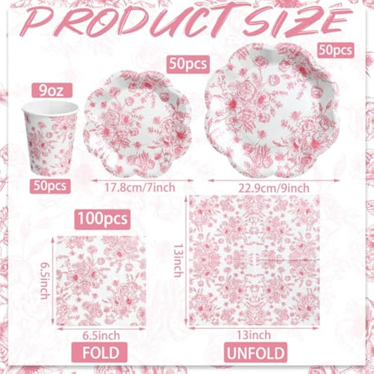 250 Pcs Pink Floral Disposable Plates And Napkins Pink And White Floral Tableware Set For 50 Guests Disposable Paper Plates Napkins Cups For Wedding Bridal Shower Party Supplies