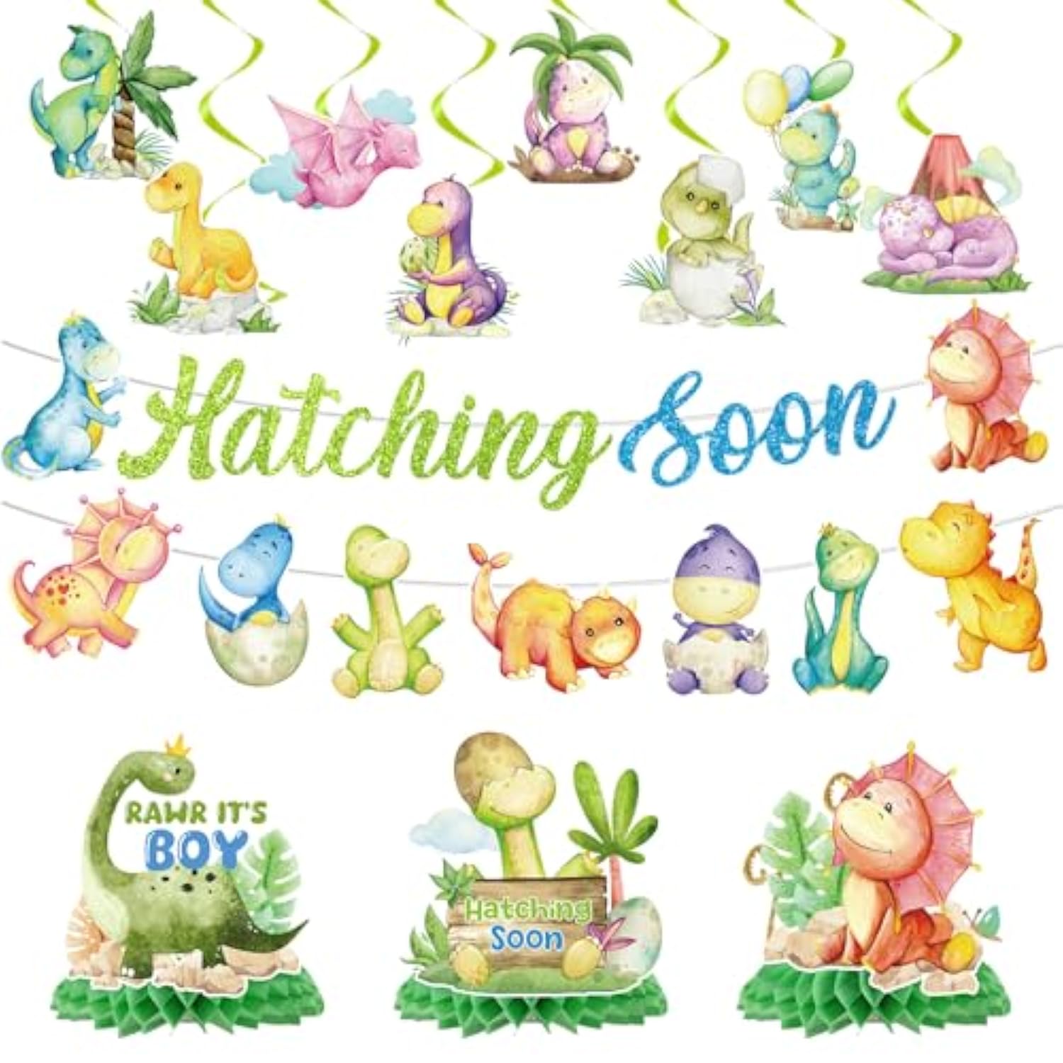 Dinosaur Baby Shower Decor Set "Hatching Soon” Banner & Hanging Swirls