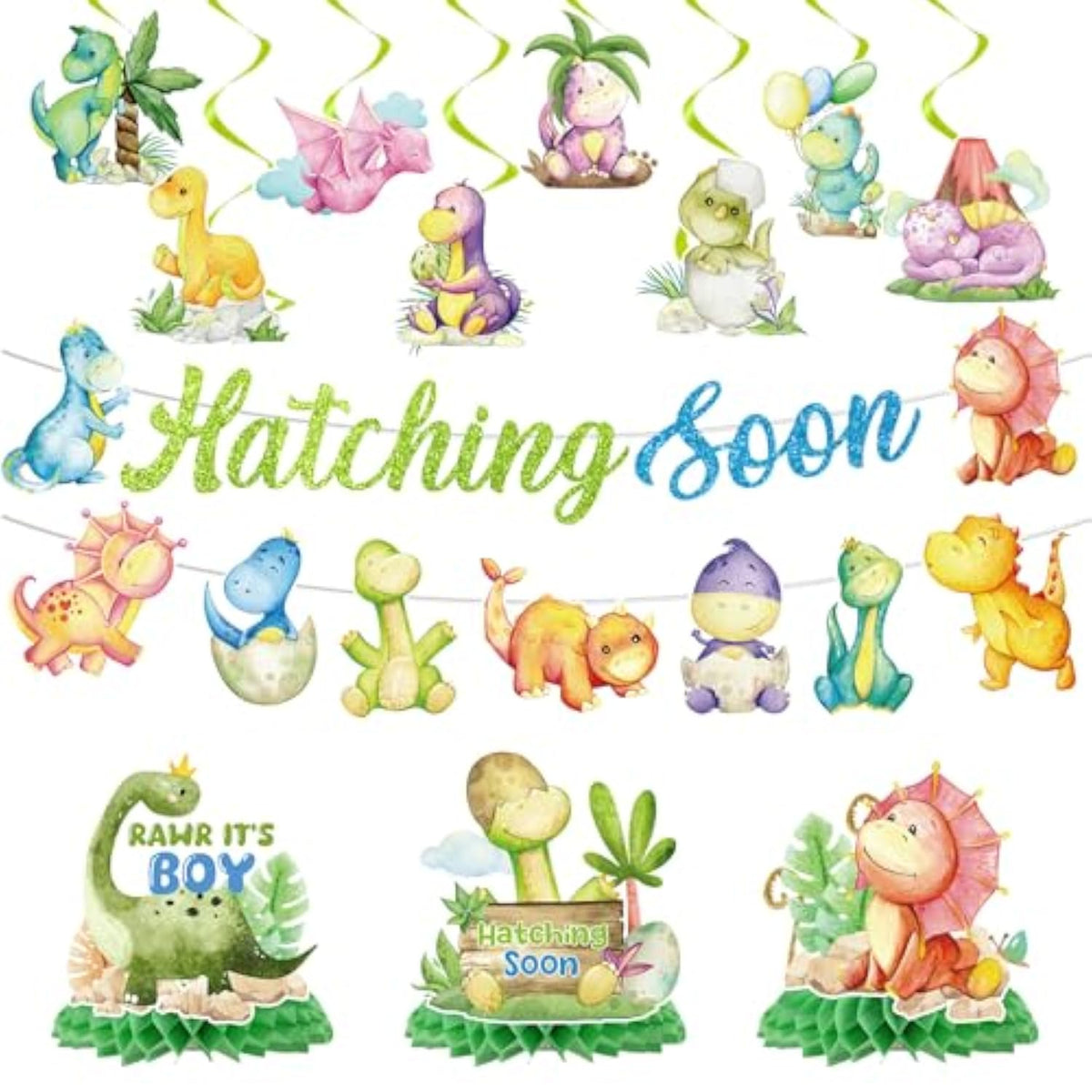 Dinosaur Baby Shower Decor Set "Hatching Soon” Banner & Hanging Swirls