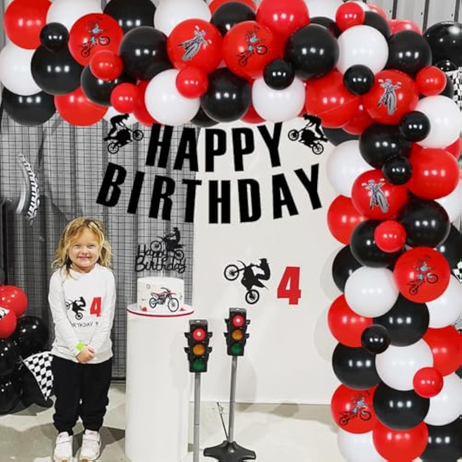 Dirt Bike Birthday Decorations For Boys - Red Black Balloon Garland Arch Kit With Happy Birthday Banner Cake Topper, Motorcycle Cupcake Toppers For Motocross Theme Party Supplies