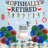 Retirement Party Decorations Men Women, Ofishally Retired Banner Balloons Cake Topper Hanging Swirls Kit, Fishing Themed Happy Retirement Party Supplies For Coworker