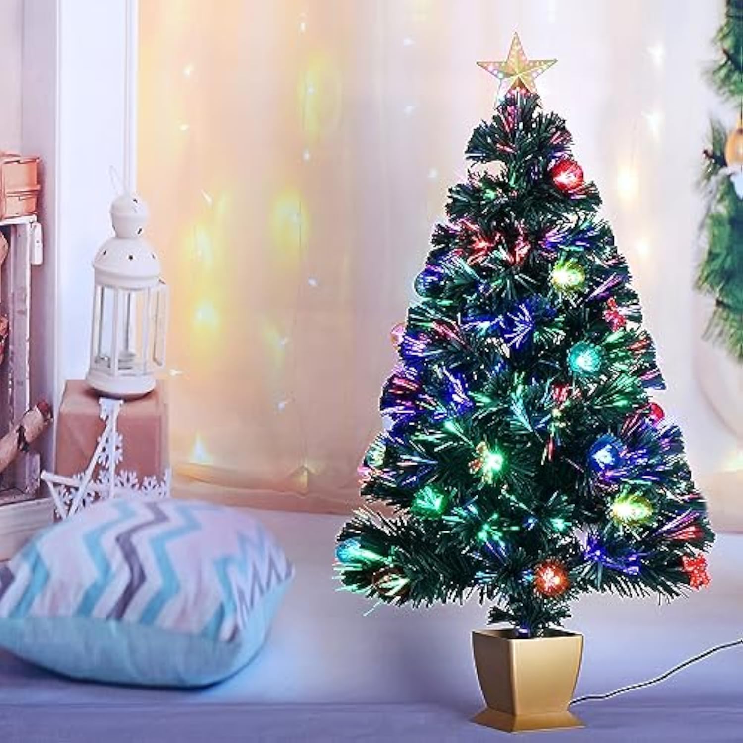 3Ft Green Fiber Optic Christmas Tree,Prelit Artificial Tabletop Mini Christmas Tree,Star,Butterfly And Ball Ornaments For Best Holiday Home Decorations