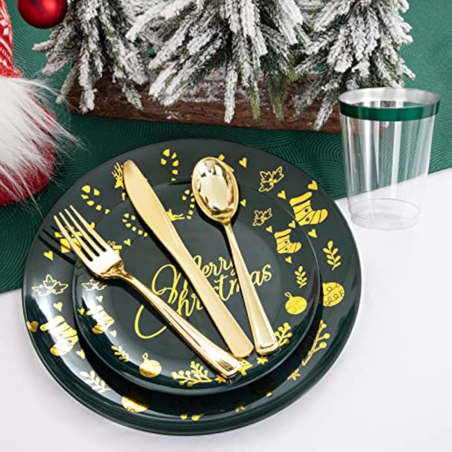 175Pieces Christmas Plastic Plates - Green Plastic Plates And Napkins Include 25Dinner Plate 25Dessert Plate 25Knives 25Forks 25Spoons 25Cups 25Napkins For Christmas