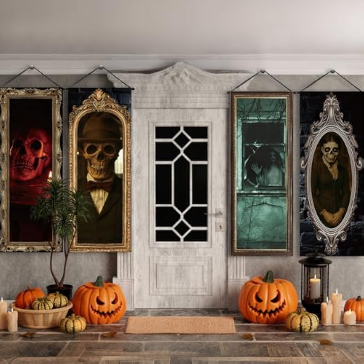 4Pcs Halloween Gothic Banner Haunted Portraits Spooky Porch Sign Backdrop Decorations