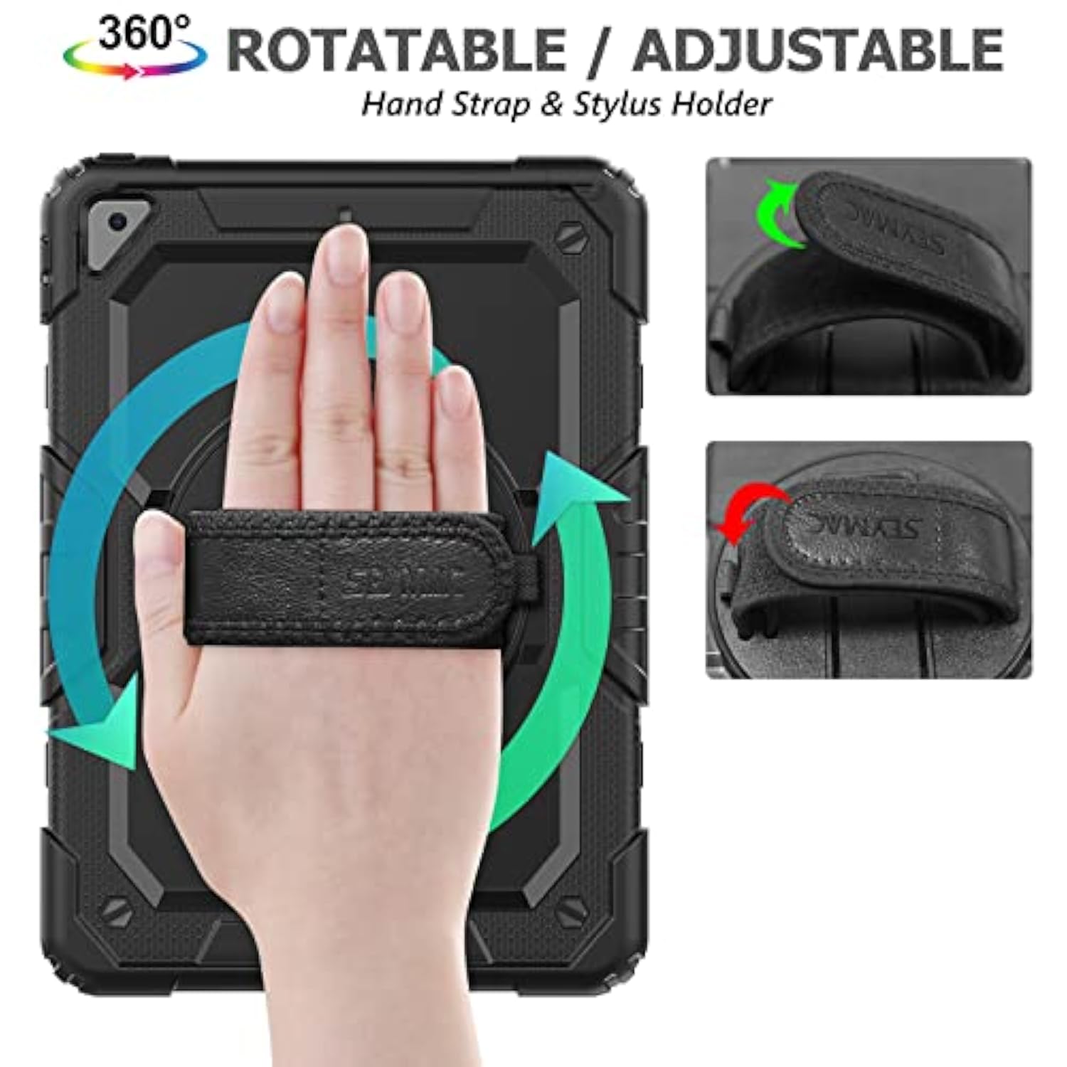 Case For 9Th/ 8Th/ 7Th Generation 10.2'', Shockproof With Screen Protector, Pencil Holder [360° Rotating Hand Strap] & Stand, For 10.2 Inch 2021-2019 (Black)