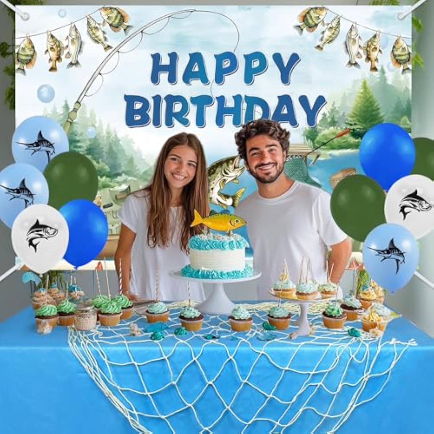 Gone Fishing Party Kit with Backdrop, Tablecloth, Balloons & Fish Net Decorations