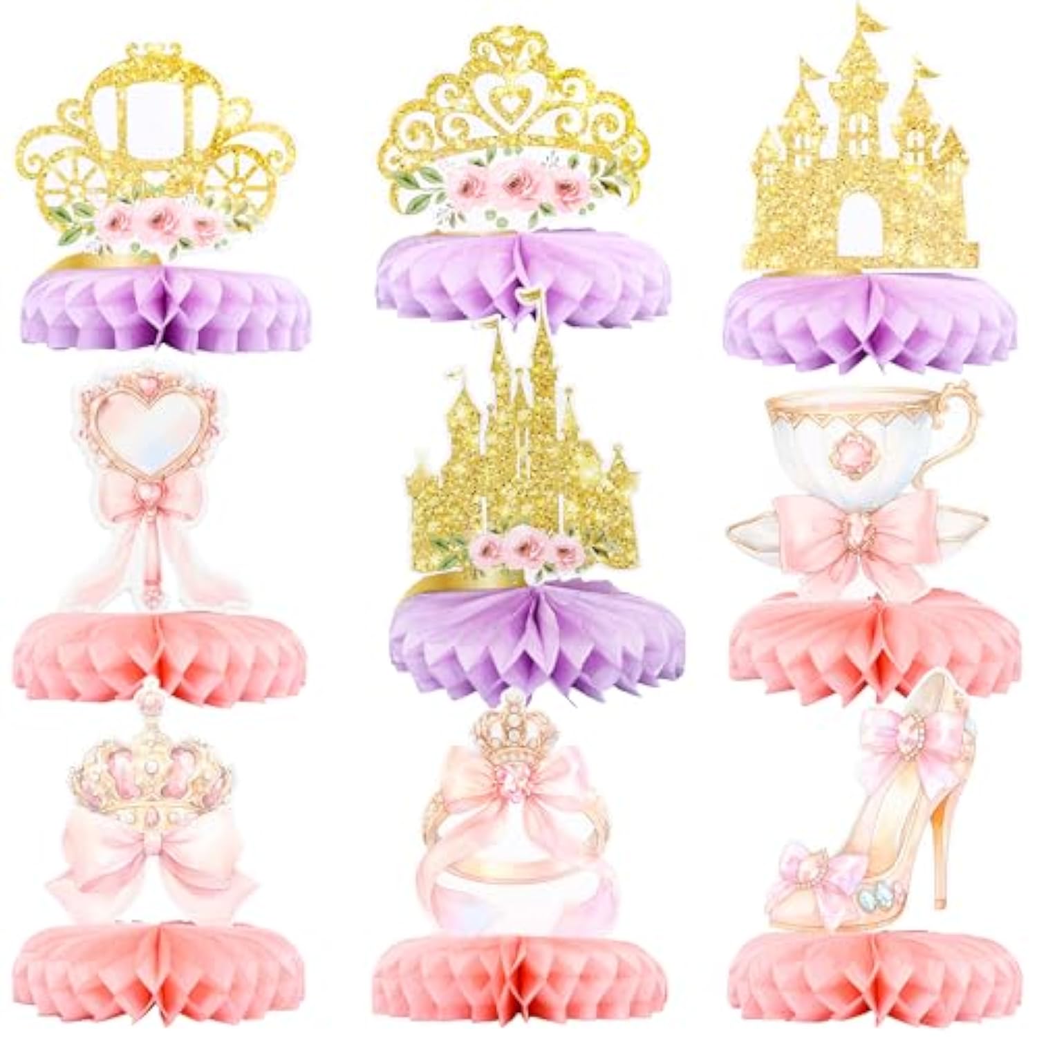 9 Pack Floral Princess Honeycomb Centerpieces Pink And Gold Castle Crown Carriage Party Table Decorations For Princess Theme Party Decorations Supplies