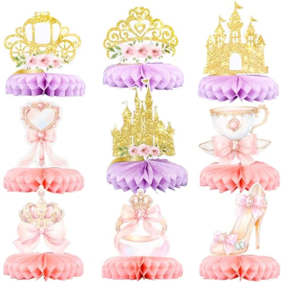 9 Pack Floral Princess Honeycomb Centerpieces Pink And Gold Castle Crown Carriage Party Table Decorations For Princess Theme Party Decorations Supplies