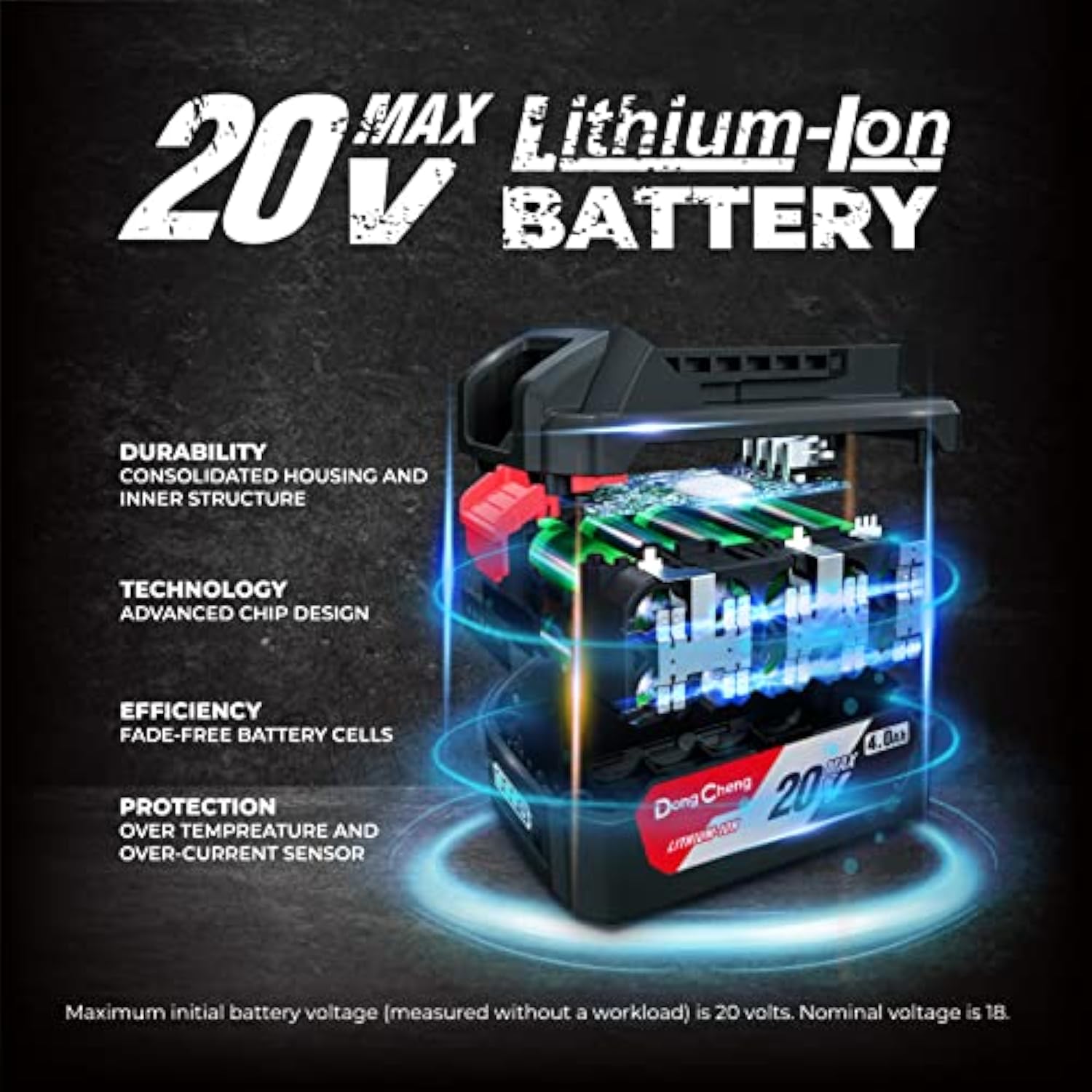 18V (20V Max) Battery, Lithium-Ion 4.0 Ah High Capacity Battery Pack Compactible With Dongcheng 18V (20V Max) Power Tools, Model#