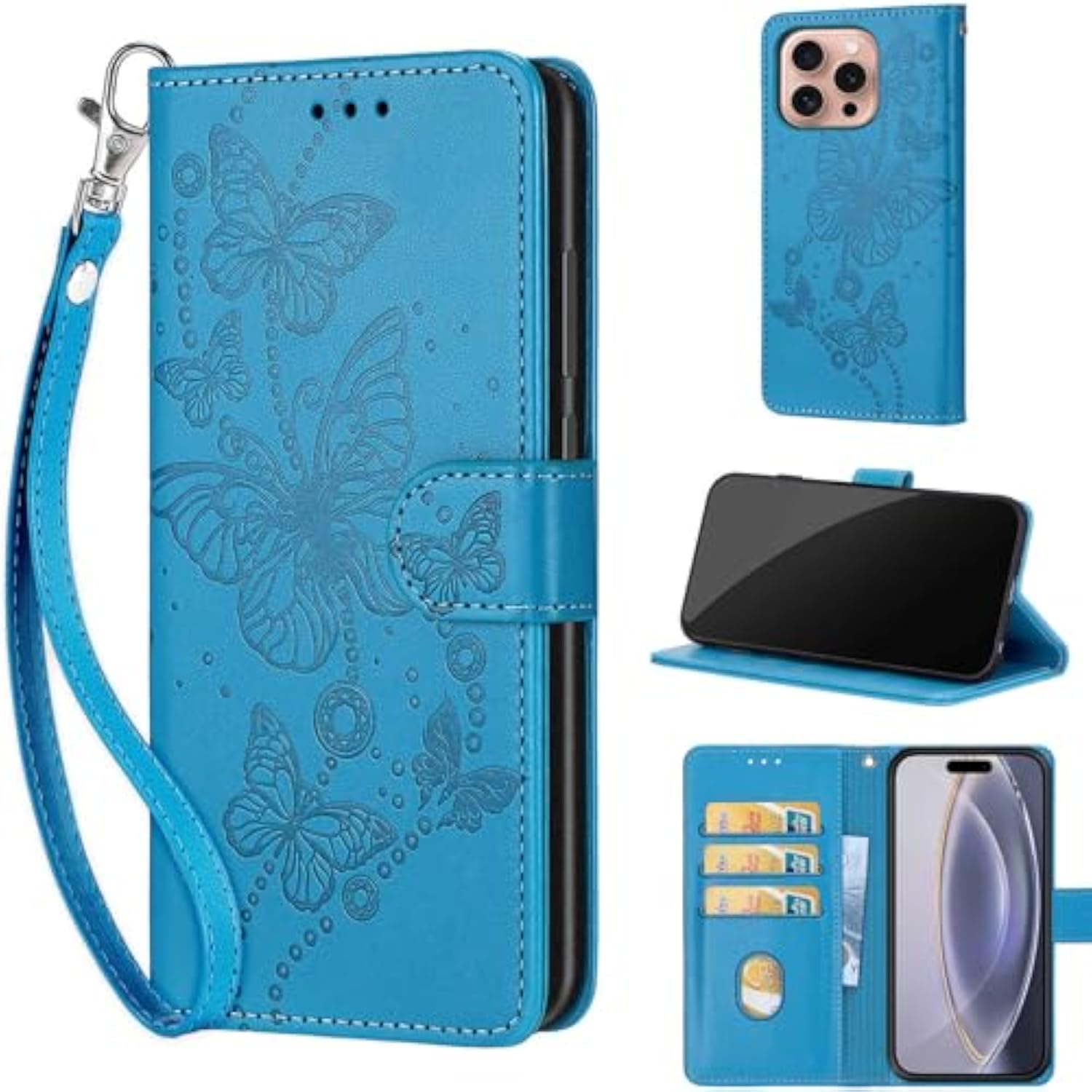 Designed For Iphone 16 Pro Case Wallet,Women Flip Folio Cover With Embossed Pu Leather Stand Credit Card Holders Slots Wrist Strap Phone Case For Iphone 16 Pro 6.3 Inch (Blue Butterfly)