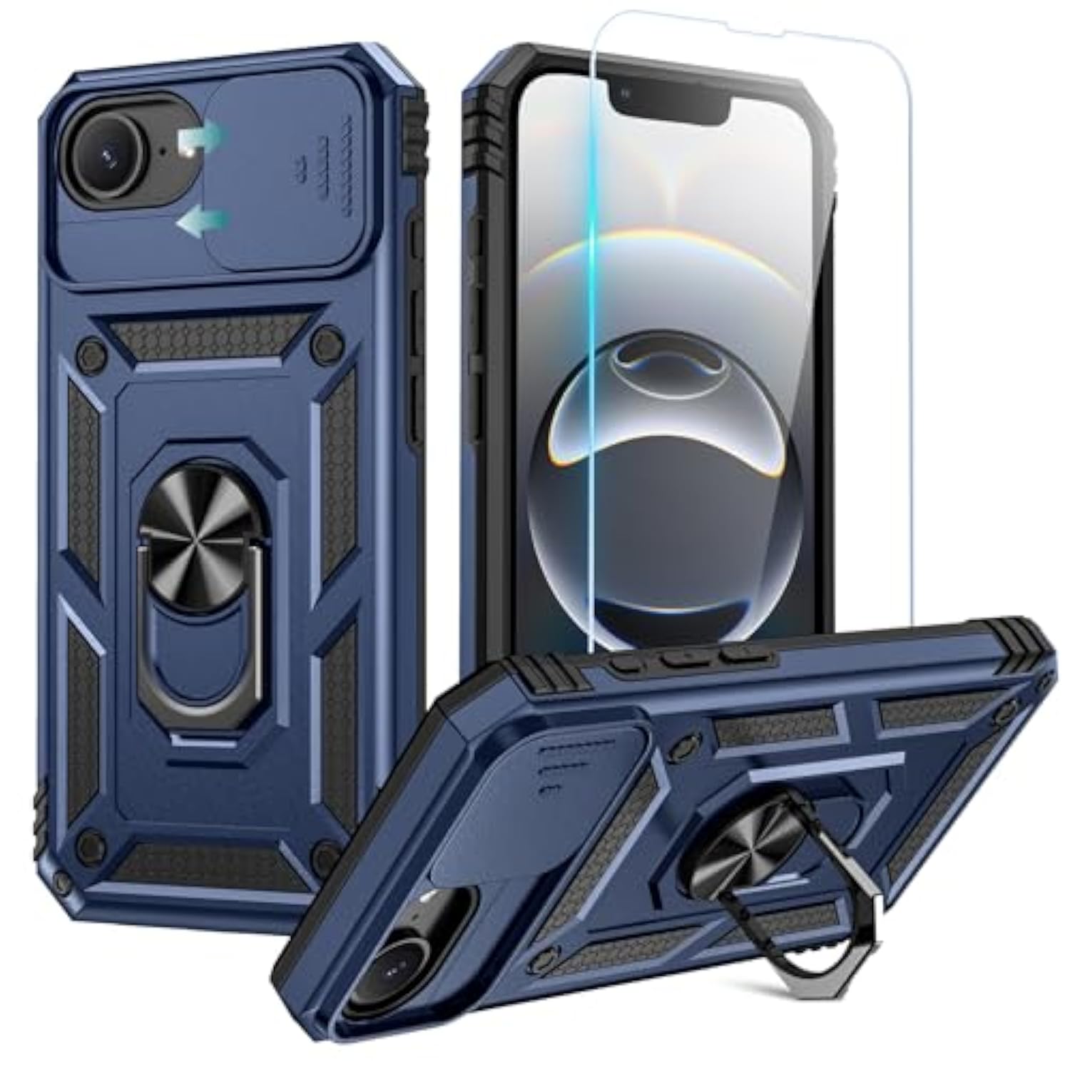 Compatible For Iphone 16E Case With Screen Protector - Slide Camera Cover Protective Phone Case With Ring Stand, Heavy Duty Shockproof Rugged Bumper For Iphone 16E Accessories Blue