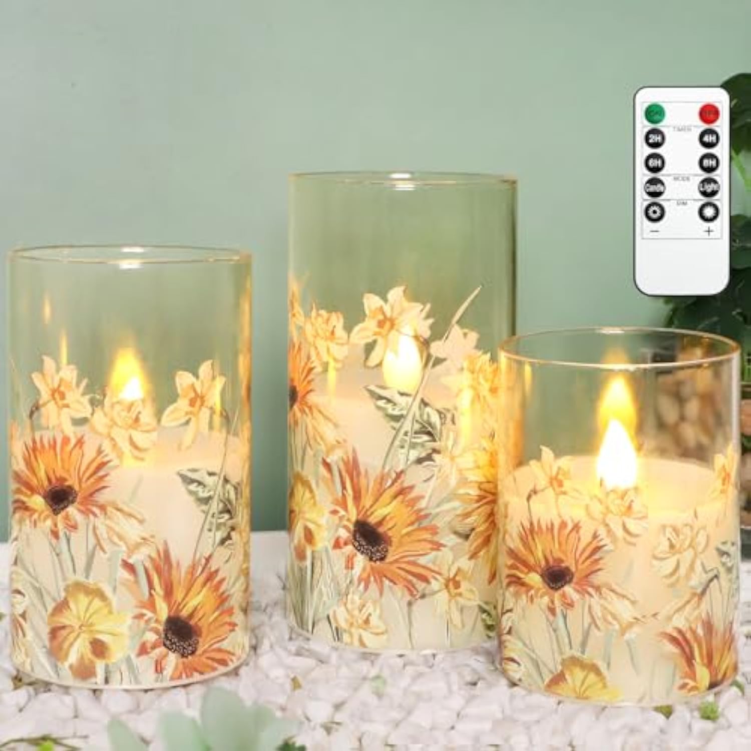 Autumn Sunflower Flameless Candles Remote Real Wax Flickering Battery Operated Glass Candles - Home Party Bedroom Birthday Christmas Summer Fall Decorations