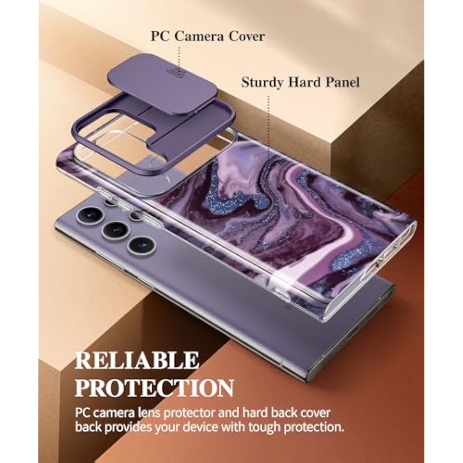 For Samsung Galaxy S24 Ultra Case With Slide Camera Cover+Screen Protector, [ Grade Shockproof] Marble Protective Slim & Tough Phone Case For S24 Ultra 6.8"(Quicksand/Purple)