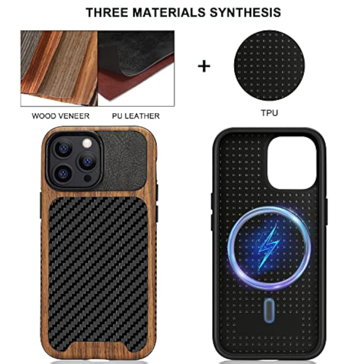 Magnetic Case Compatible With Iphone 13 Pro Max Case Wood Grain With Carbon Fiber Texture Design Leather Hybrid Slim Case (Compatible With Magsafe) Black