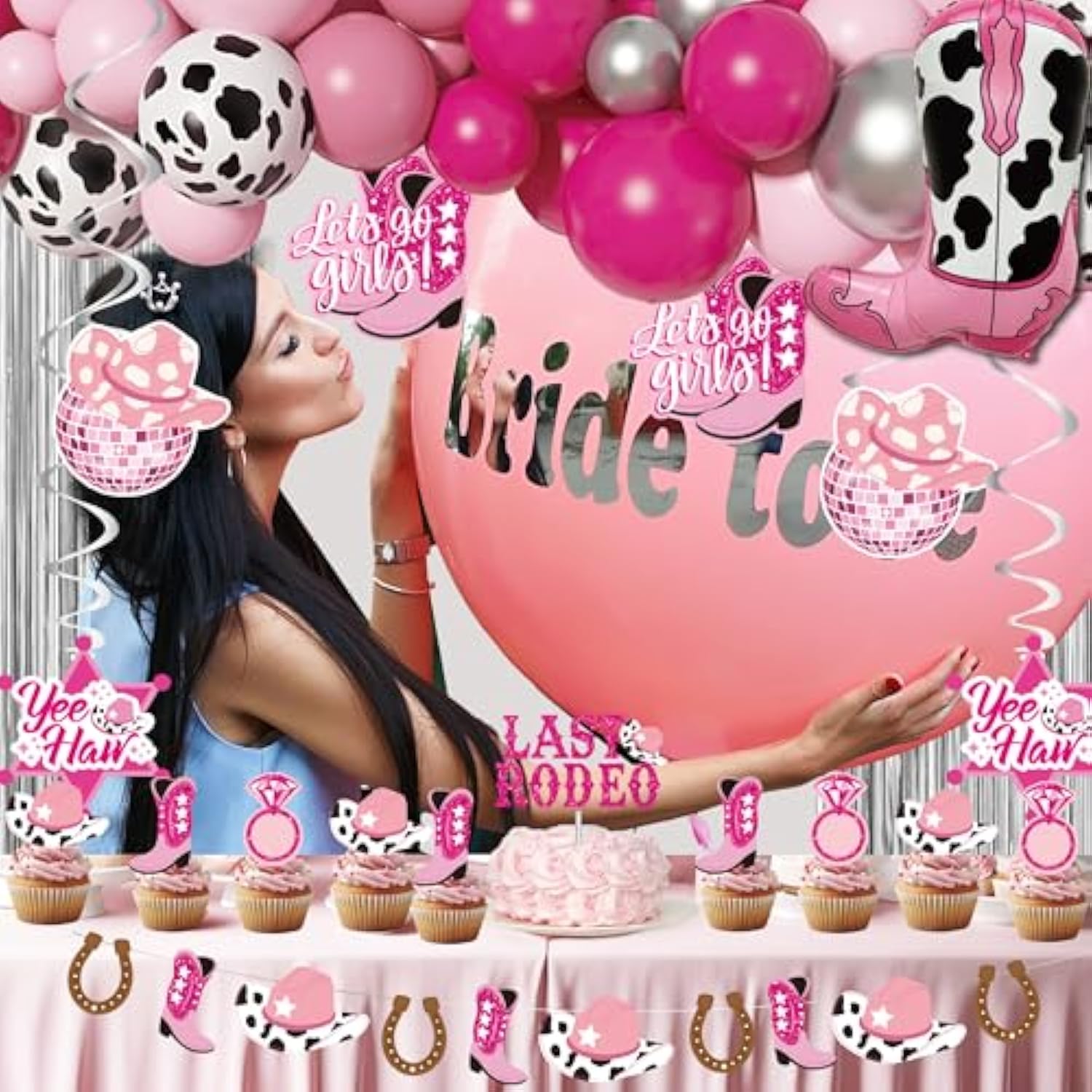 Last Rodeo Bachelorette Party Decorations, Cowgirl Western Bridal Shower Fringe Curtain Balloon Garland Glitter Banner, Last Rode Foil Balloons, Pink Silver Balloon Garland Arch Kit