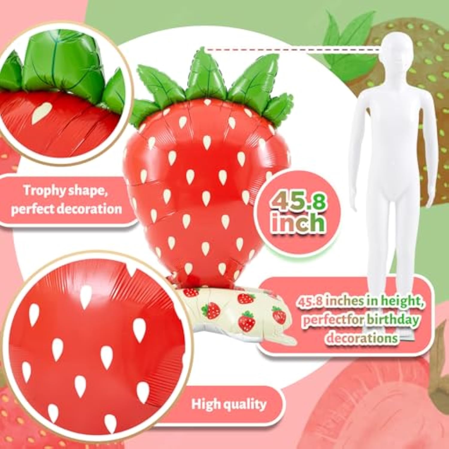 2 Pack 4 Ft Giant Standing Foil Balloon Summer Party Decorations Aluminum Balloons For Berry First Birthday Summer Themed Parties(Strawberry)