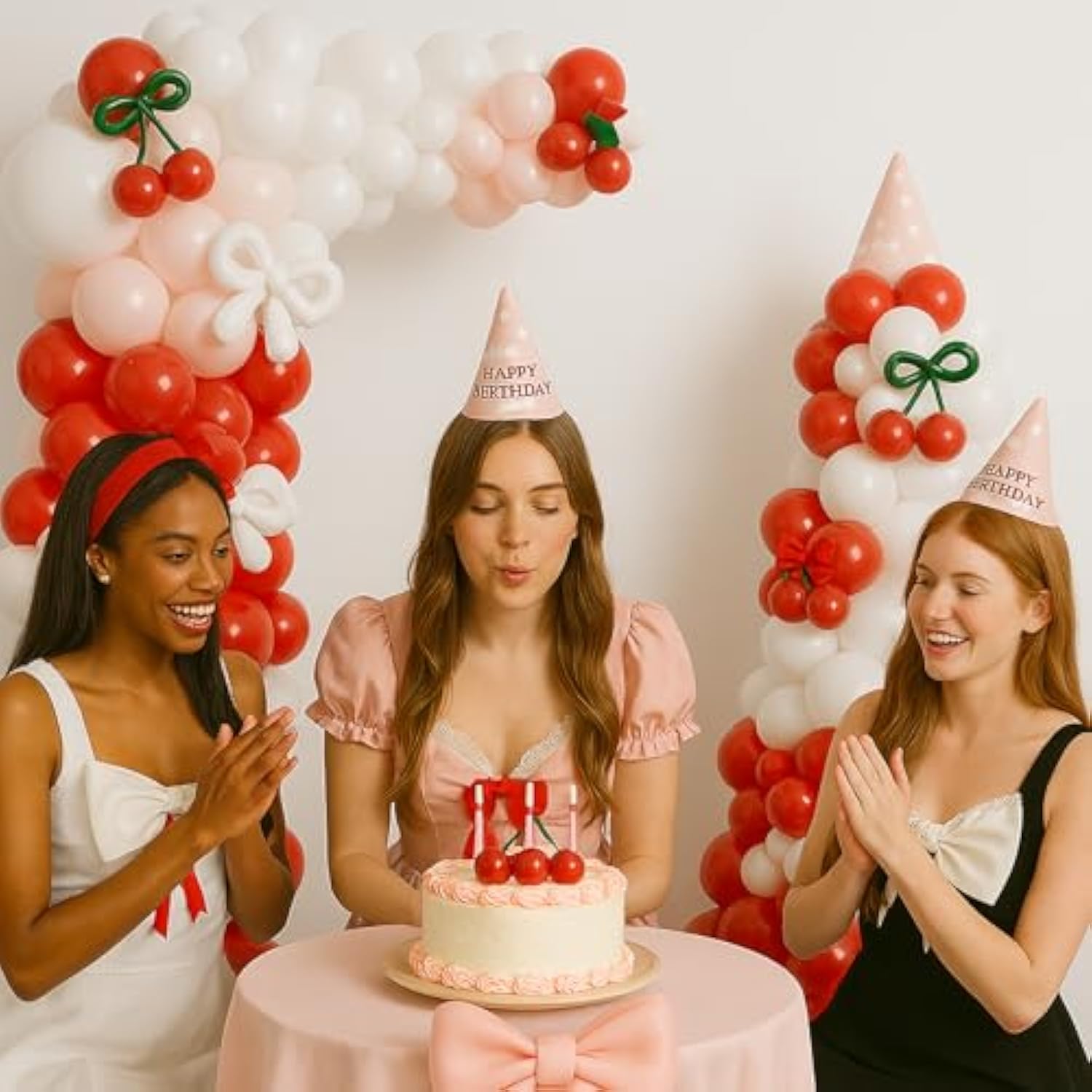 Cherry Red Balloon Garland Arch Kit, Bow Pastel Pink And White Birthday Balloons Garland For Cherry Themed Birthday Baby Shower Wedding Galentine'S Bridal Shower Party Decorations