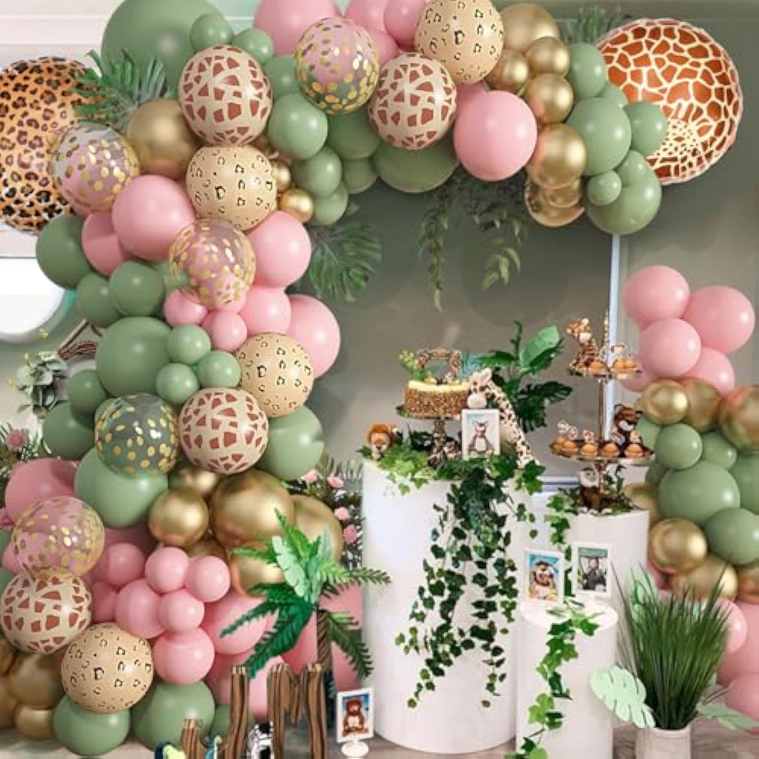 170Pcs Jungle Safari Balloons Garland Arch Kit Animal Printed Pink Sage Green Balloons Wild One Giraffe Leopard Safari Baby Shower Decorations For Girl Birthday Party Supplies