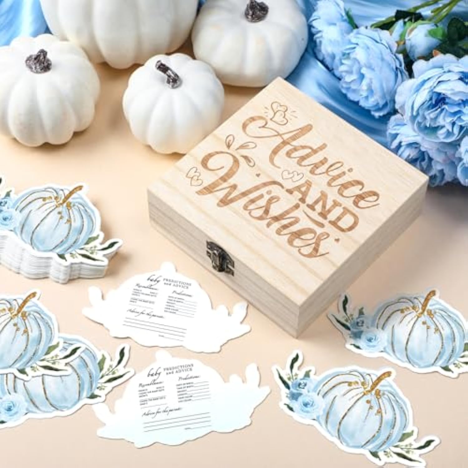 50 Pcs Double Side Fall Blue Pumpkin Baby Prediction And Advice Game Cards A Little Pumpkin Is On The Way Decoration With Wooden Keepsake Box Thanksgiving Day Shower Game Cards