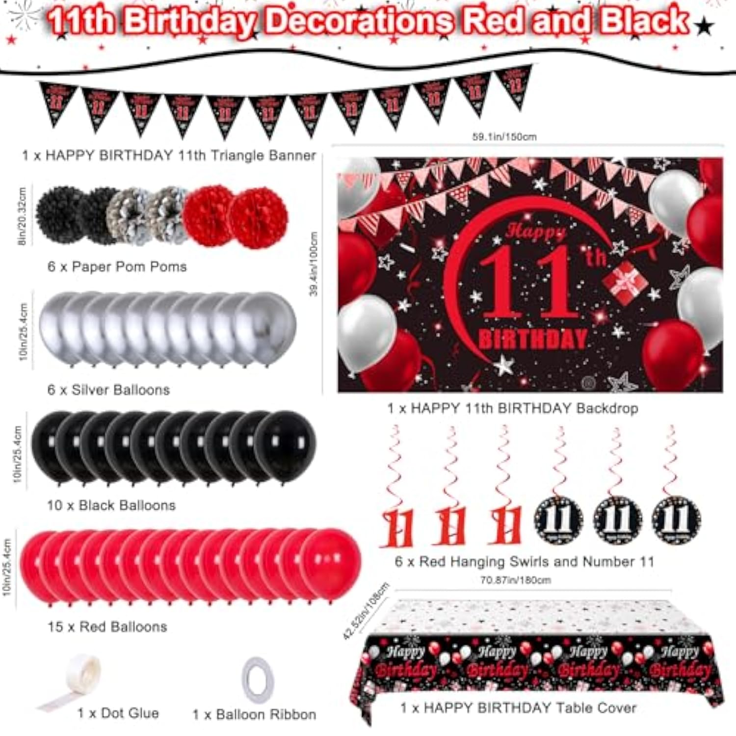 11Th Birthday Decorations For Boys Girls Red And Black, Happy 11Th Birthday Backdrop Banner, 11 Birthday Party Decoration Tablecloth Balloons Triangle Flag, 11 Year Old Boy Bday Party Supplies