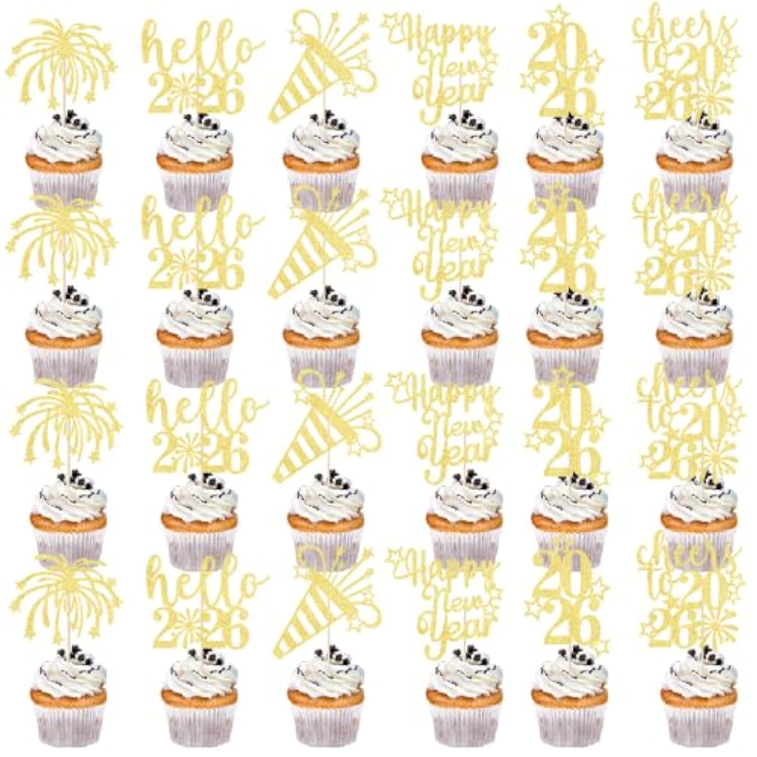 24pc Happy New Year 2026 Cupcake Toppers Cake Party Decorations