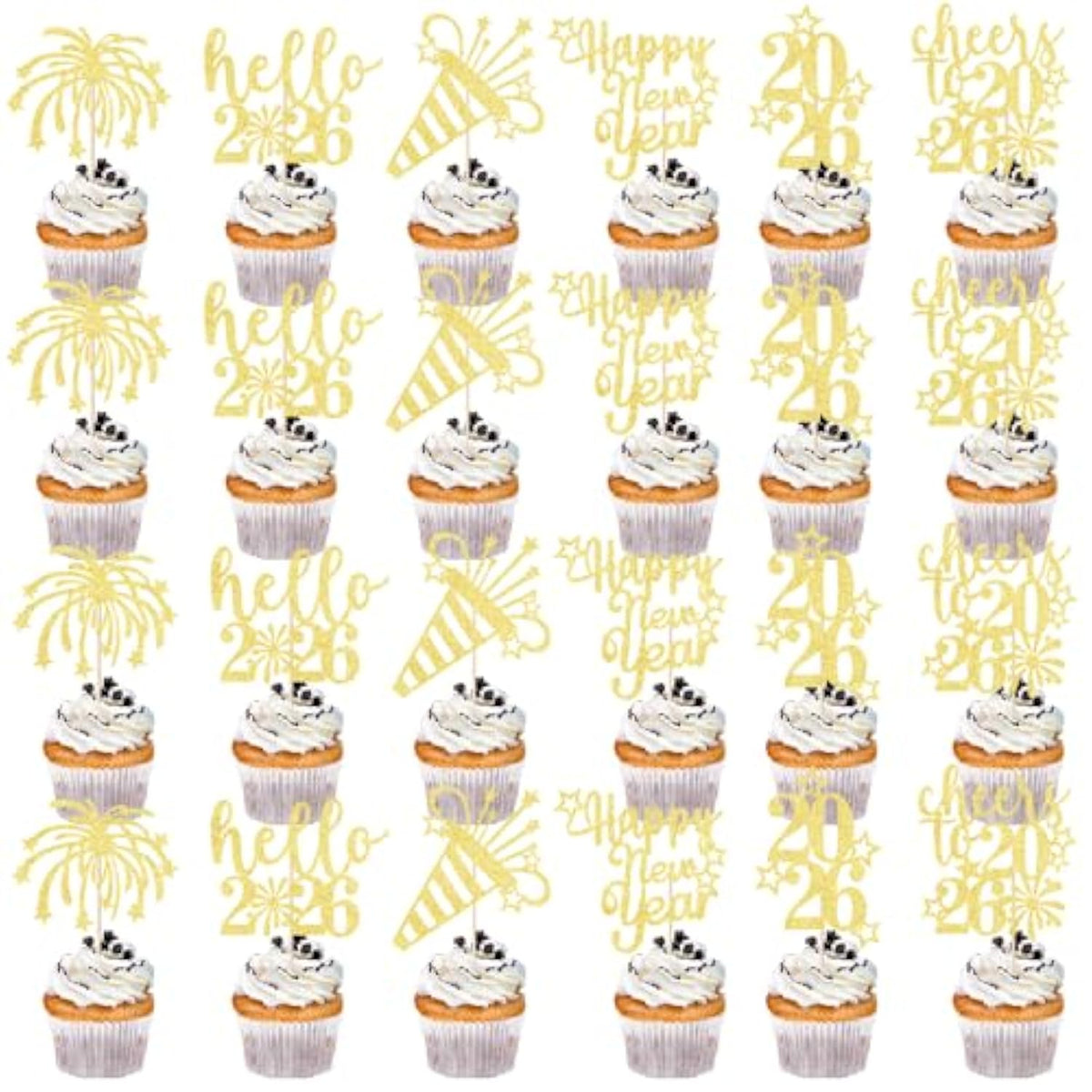 24pc Happy New Year 2026 Cupcake Toppers Cake Party Decorations