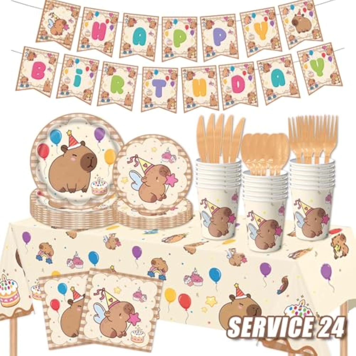 Capybara Birthday Party Decorations, 182Pcs Capybara Party Tableware Set, Capybara Party Supplies Including - Plates, Cups, Napkins, Tablecloth, Cutlery & Happy Birthday Banner, Serves 24