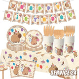 Capybara Birthday Party Decorations, 182Pcs Capybara Party Tableware Set, Capybara Party Supplies Including - Plates, Cups, Napkins, Tablecloth, Cutlery & Happy Birthday Banner, Serves 24