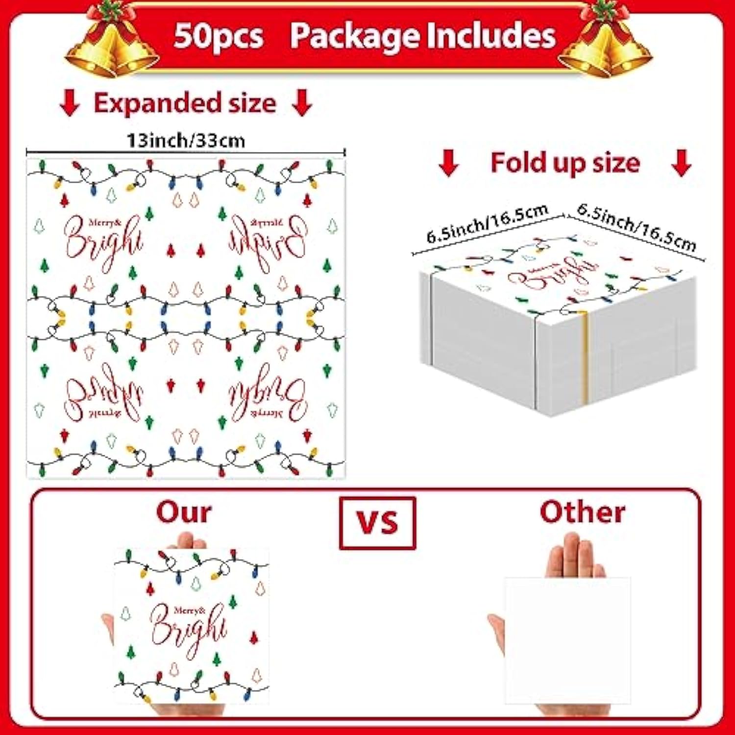 50Pcs Christmas Guest Paper Napkins 3 Ply Disposable Paper Merry Christmas Colorful Bright Light String Hand Dinner Napkins Xmas Beverage Disposable Napkins For Winter Holiday Party