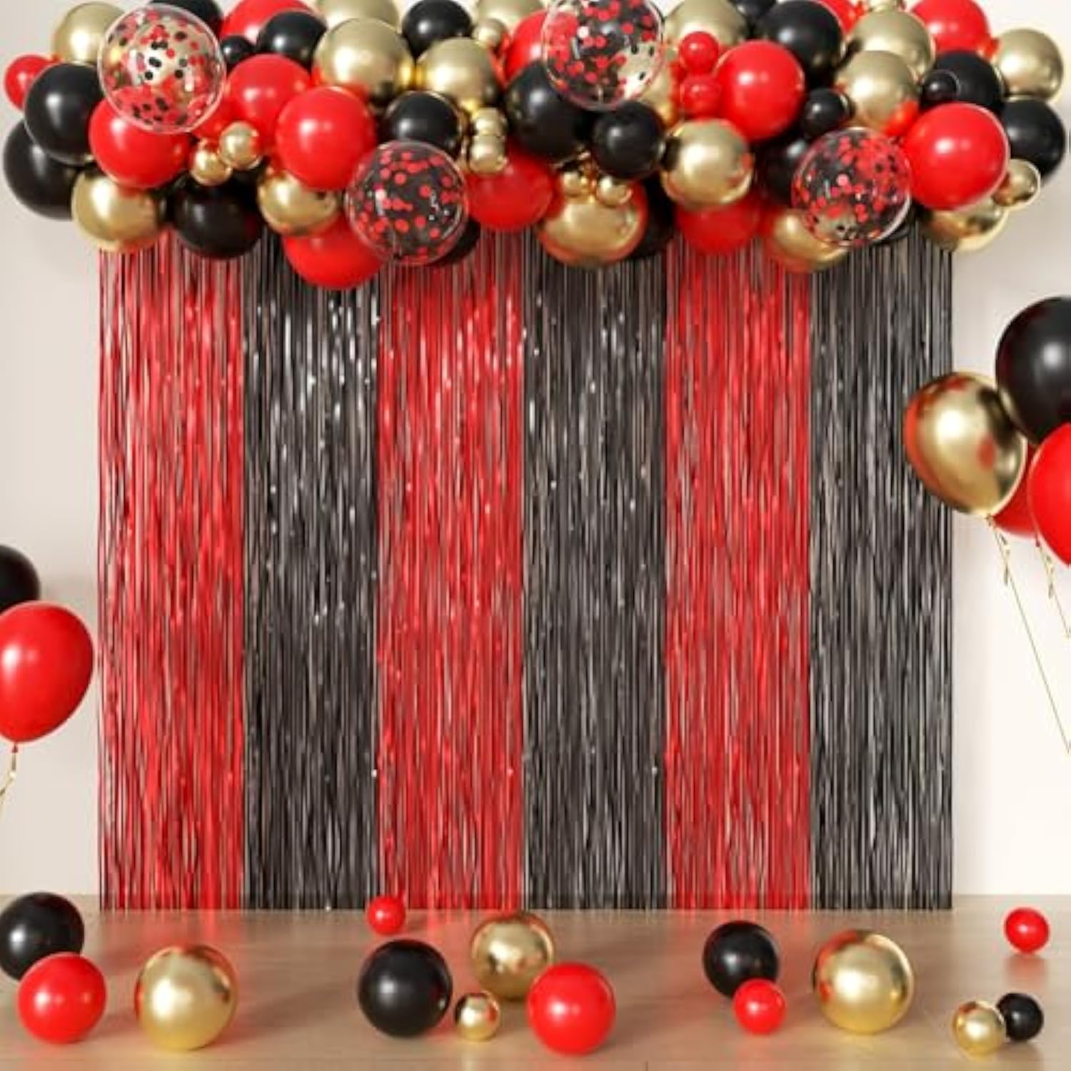 Red And Black Foil Fringe Curtains And Balloon Garland Arch Kit 2 Pack 3.2X8.2 Feet Backdrop Tinsel Curtains And 78 Pcs Balloons For Deadpool Twilight Stranger Things Party Decorations (Red And Black)