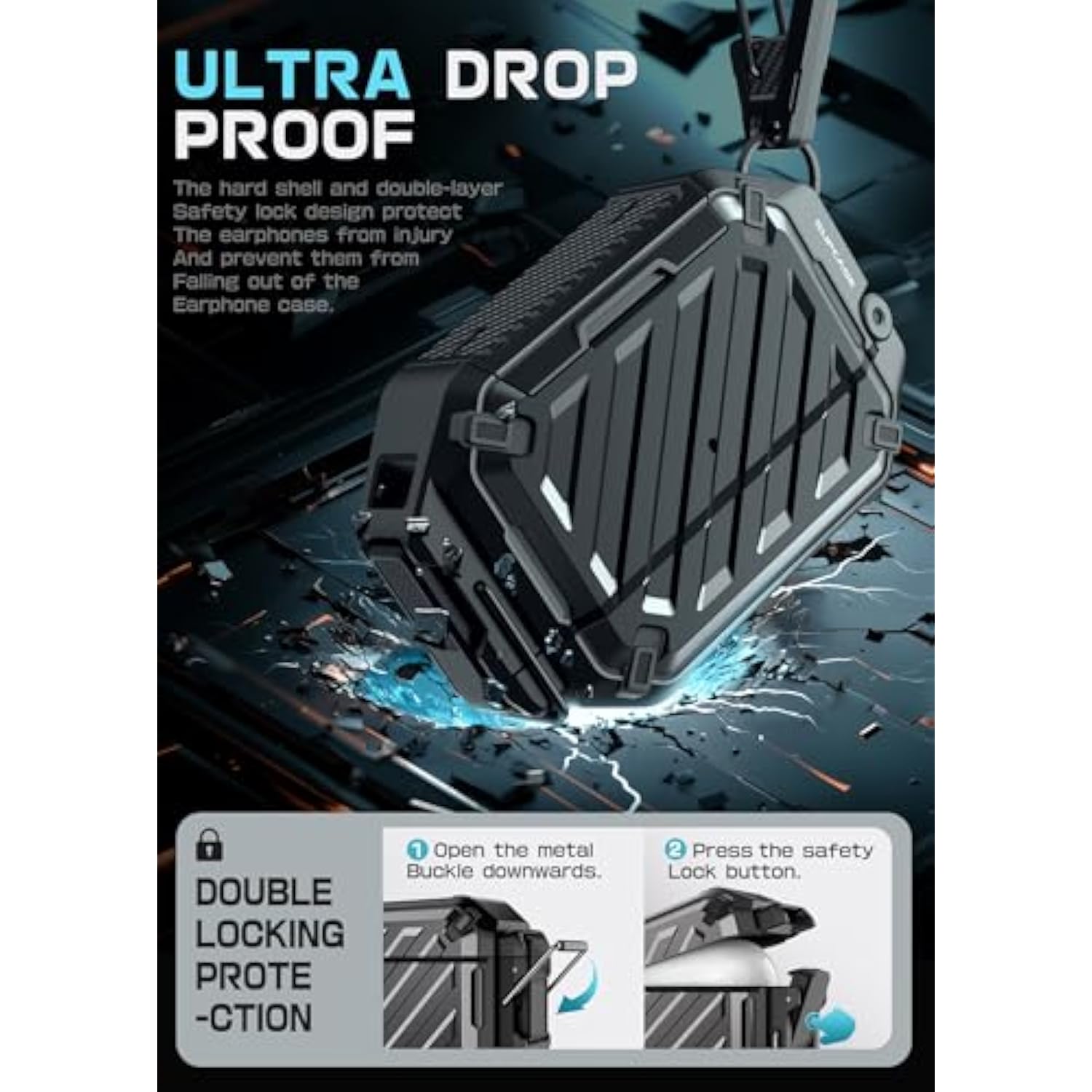 SUPCASE for AirPods Pro 2nd/1st Gen Case with Lock & Carabiner (Unicorn Beetle Pro), [IP68 Waterproof] [Military-Grade Protection] [Supports Wireless Charging] Anti-Scratch Hard Shell Cover, Black