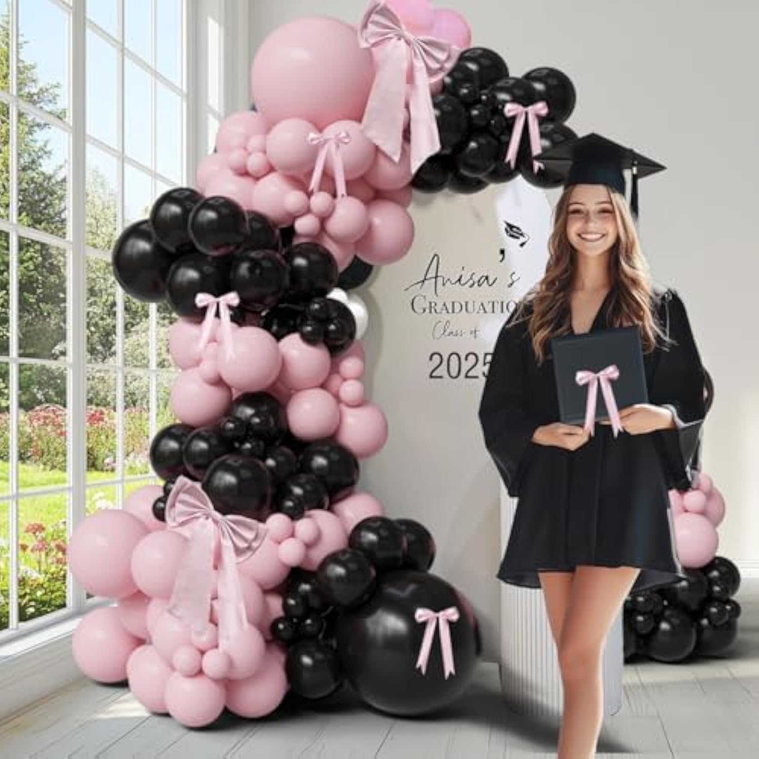 Black And Pink Bow Balloon Arch Kit, Matte Pastel Pink Coquette Balloon Garland For Birthday, 2025 Graduation, Prom, Bridal Shower, Black Tie Party Decorations