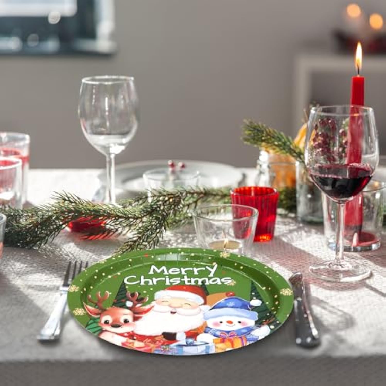 Christmas Oval Paper Plates Santa Snowman Holiday Serving Plates Disposable Merry Christmas Platters For Dinnerware Party Trays Supplies 24 Pcs 10" X 12"