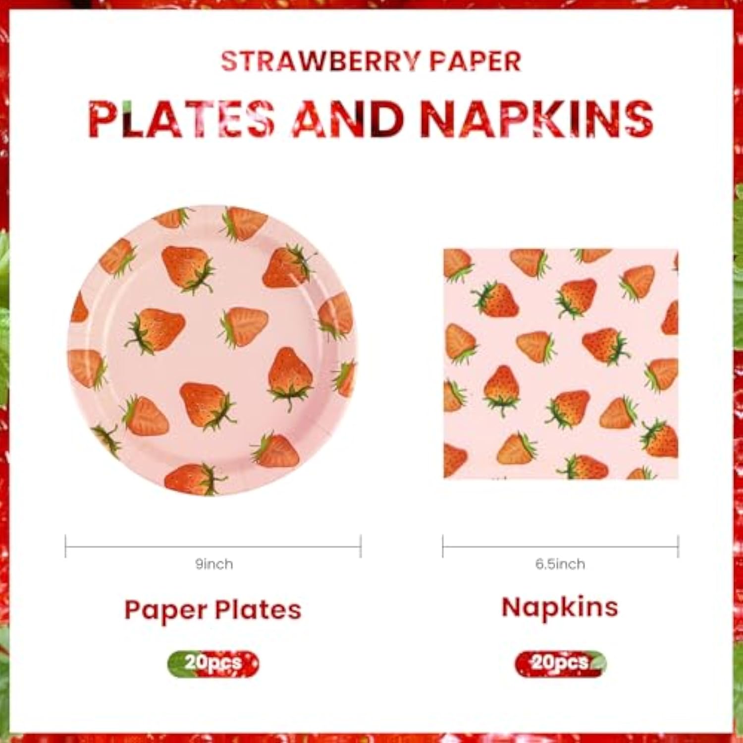 40Pcs Strawberry Birthday Paper Plates And Napkins Party Supplies, Disposable Summer Fruit Party Plates And Napkins Tableware Set For Baby Shower Birthday Party Decorations Serves 20 Guests