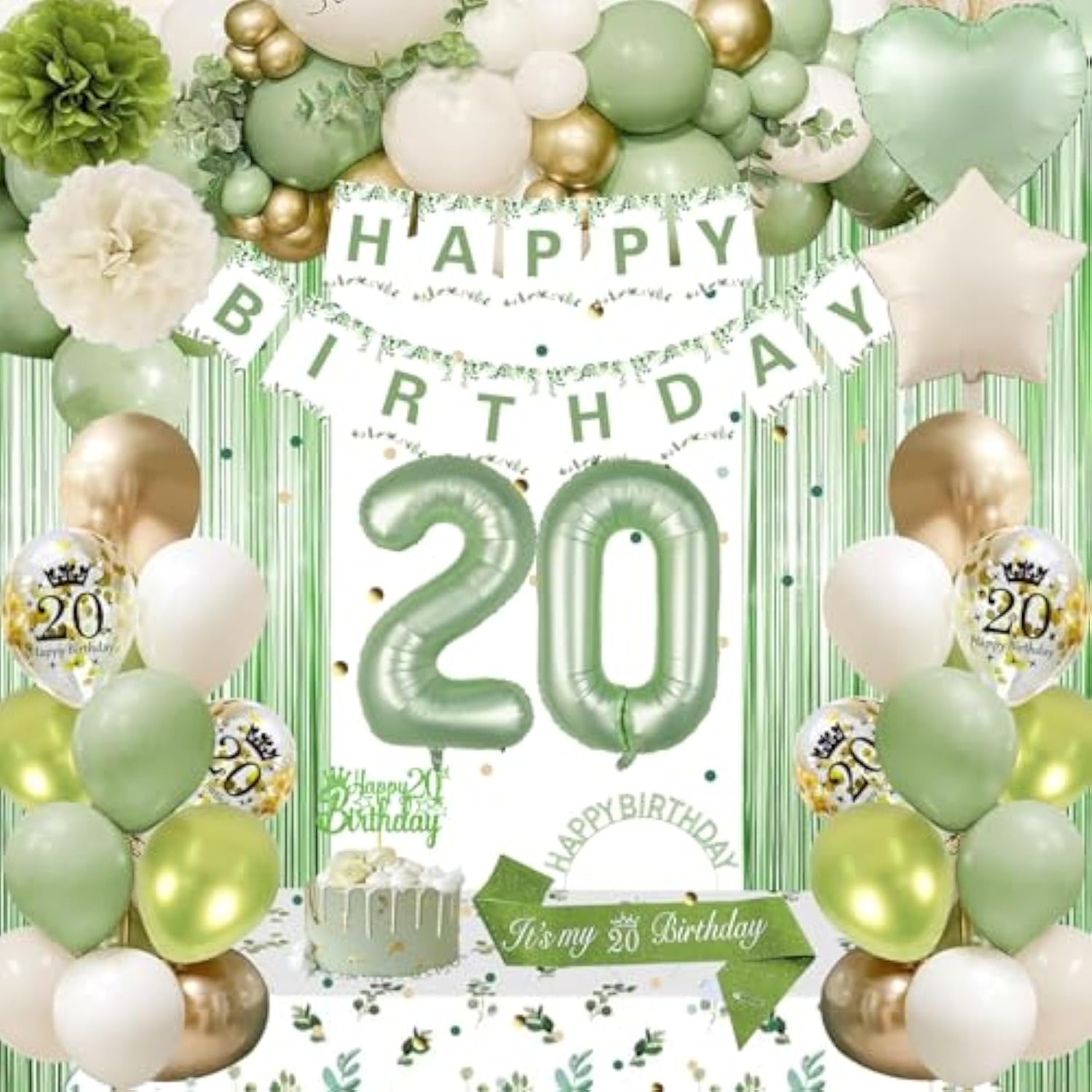 20Th Birthday Decorations, Sage Green 20Th Bday Decorations For Women Happy Birthday Banner Green Gold Balloons Crown Sash Fringe Curtain Tablecloth Cake Topper For Bday Decor