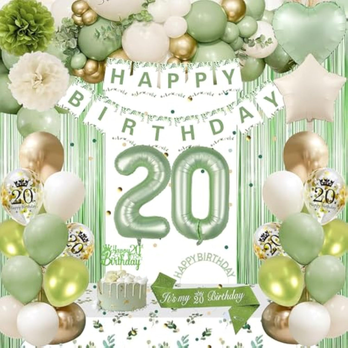 20Th Birthday Decorations, Sage Green 20Th Bday Decorations For Women Happy Birthday Banner Green Gold Balloons Crown Sash Fringe Curtain Tablecloth Cake Topper For Bday Decor