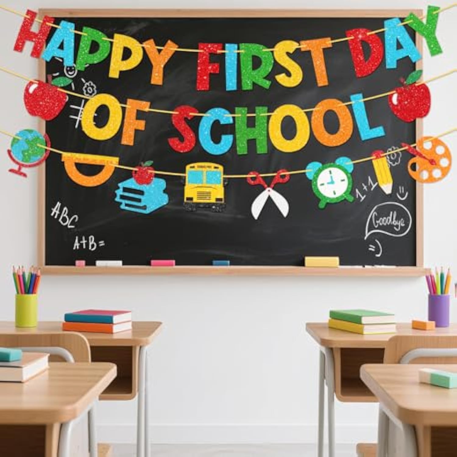 Pre-Strung Happy First Day Of School Banner, Glitter First Day Of Kindergarten Decorations For Classroom, Welcome School Decorations For Kindergarten Prek 1St Grade Students