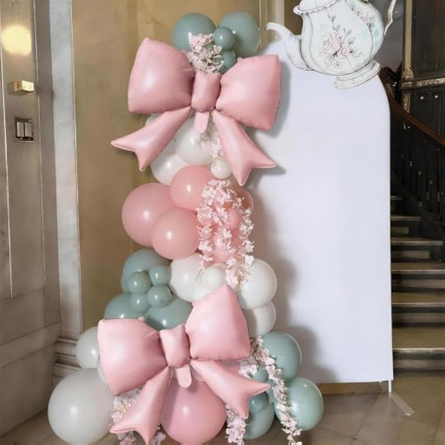 Sage Green Pink Balloon Arch, Pastel Pink Dusty Green Ivory Balloon Garland With Bow Foil Balloons For Girls Wildflower Tea Party Birthday Bridal Baby Shower Wedding Spring Floral Flower Decorations