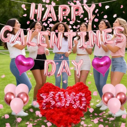 Happy Galentine's Day Balloons Decorations Letters Banner Women Lady 18" Heart Balloons Alphabet Foil Mylar Balloons with 1375 Pcs Artificial Rose Petals for Valentines Day Decor Photo Prop