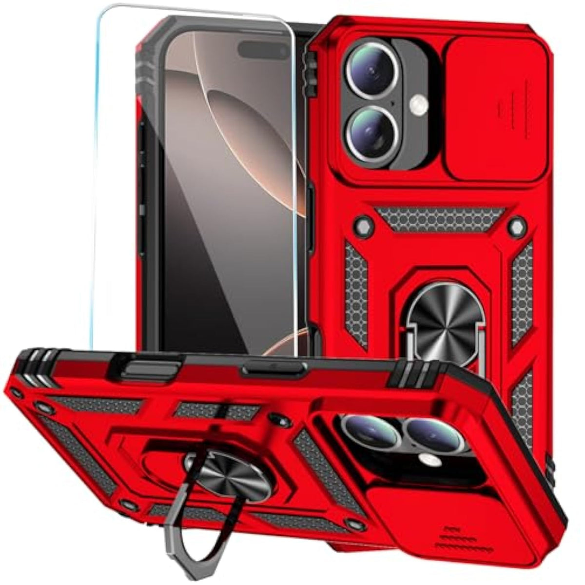 Phone Case For Iphone 16 Plus Case With Hd Screen Protector & Slide Camera Cover & Rotated Ring Kickstand, [Military-Grade] Phone Case For Iphone 16 Plus (6.7‘’) (Red)