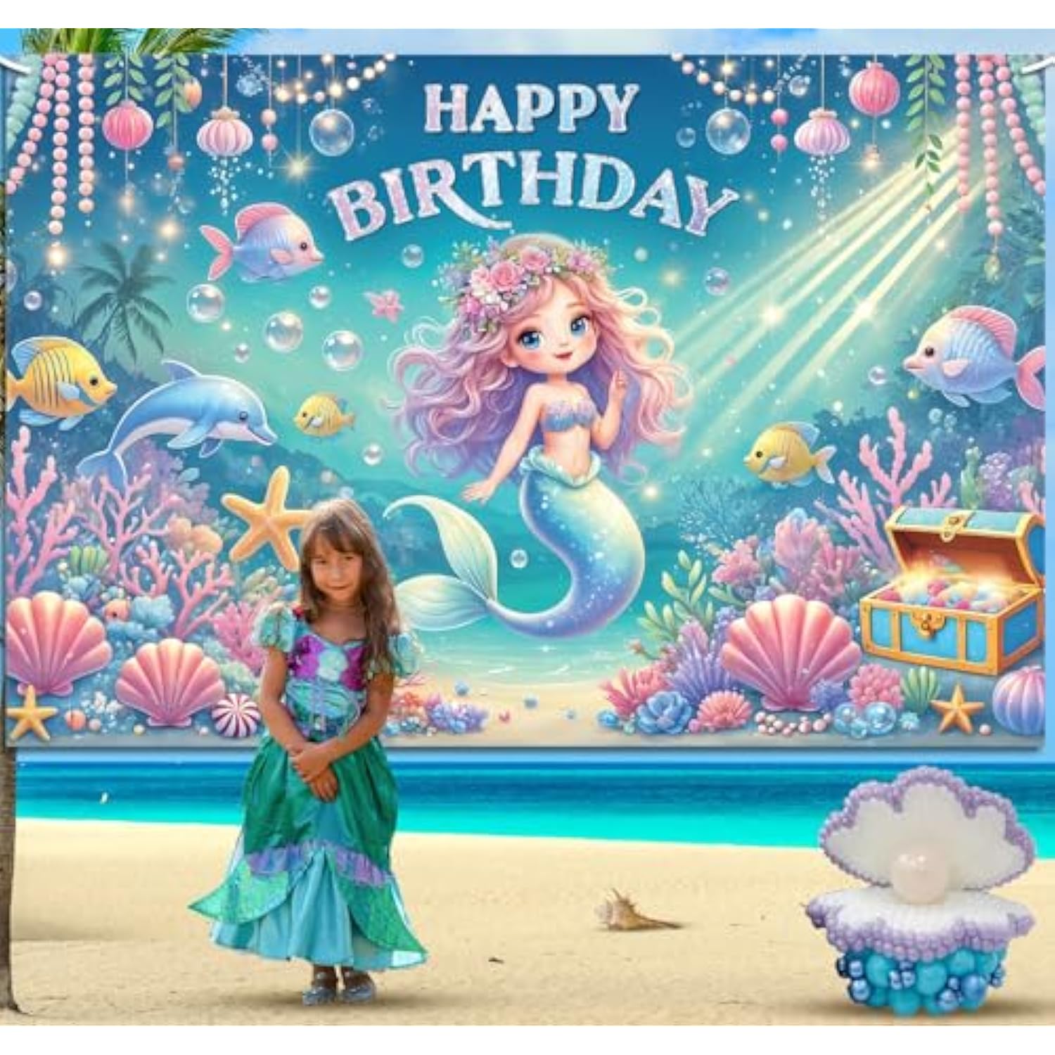 Mermaid Birthday Banner 6x4ft Under the Sea Party Backdrop for Girls