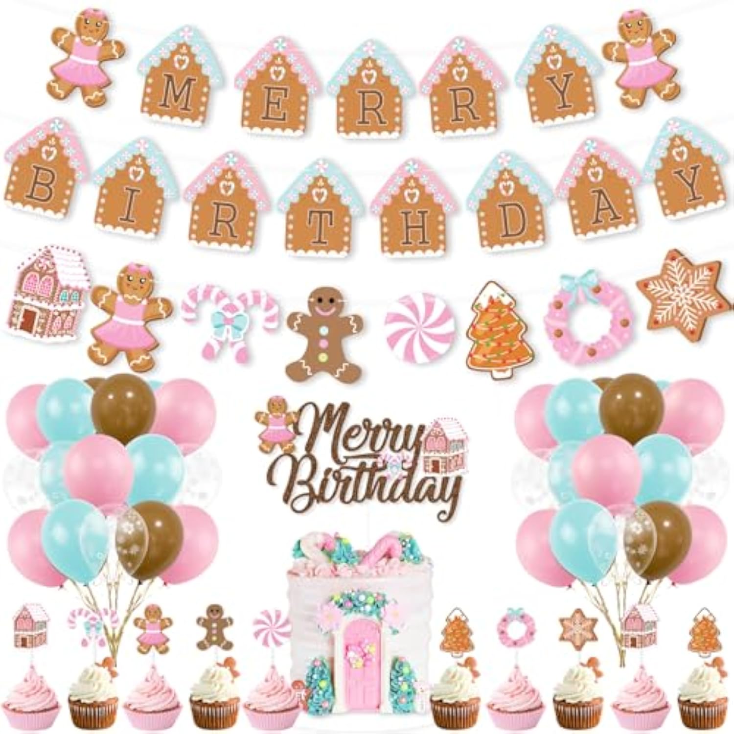 Christmas & Birthday Decorations - Pink Gingerbread Man Merry Birthday Theme Banner, Candy House Cake Topper & Latex Balloons For Boys & Girls Parties