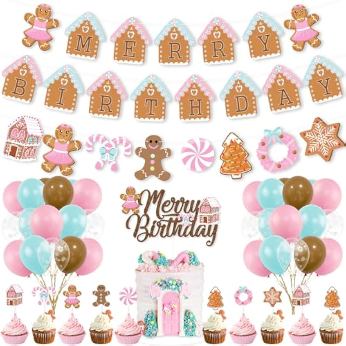 Christmas & Birthday Decorations - Pink Gingerbread Man Merry Birthday Theme Banner, Candy House Cake Topper & Latex Balloons For Boys & Girls Parties