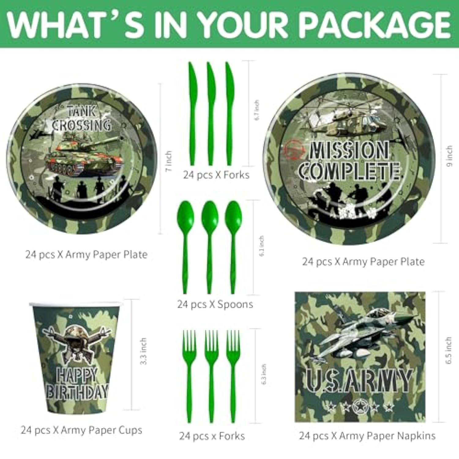 Military Army Party Decorations Tableware - Army Birthday Party Supplies, Plate, Cup, Napkin, Disposable Cutlery, Camo Camouflage Army Military Soldier Theme Birthday Decorations | 24 Guests