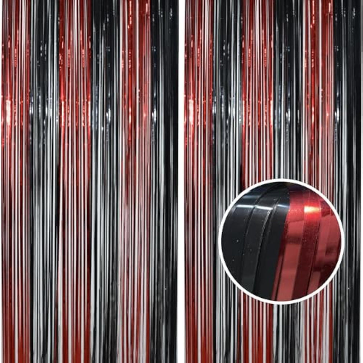 2 Pack Black Red Foil Fringe Curtains 3.2x8.2ft Backdrop for Halloween Party Decor