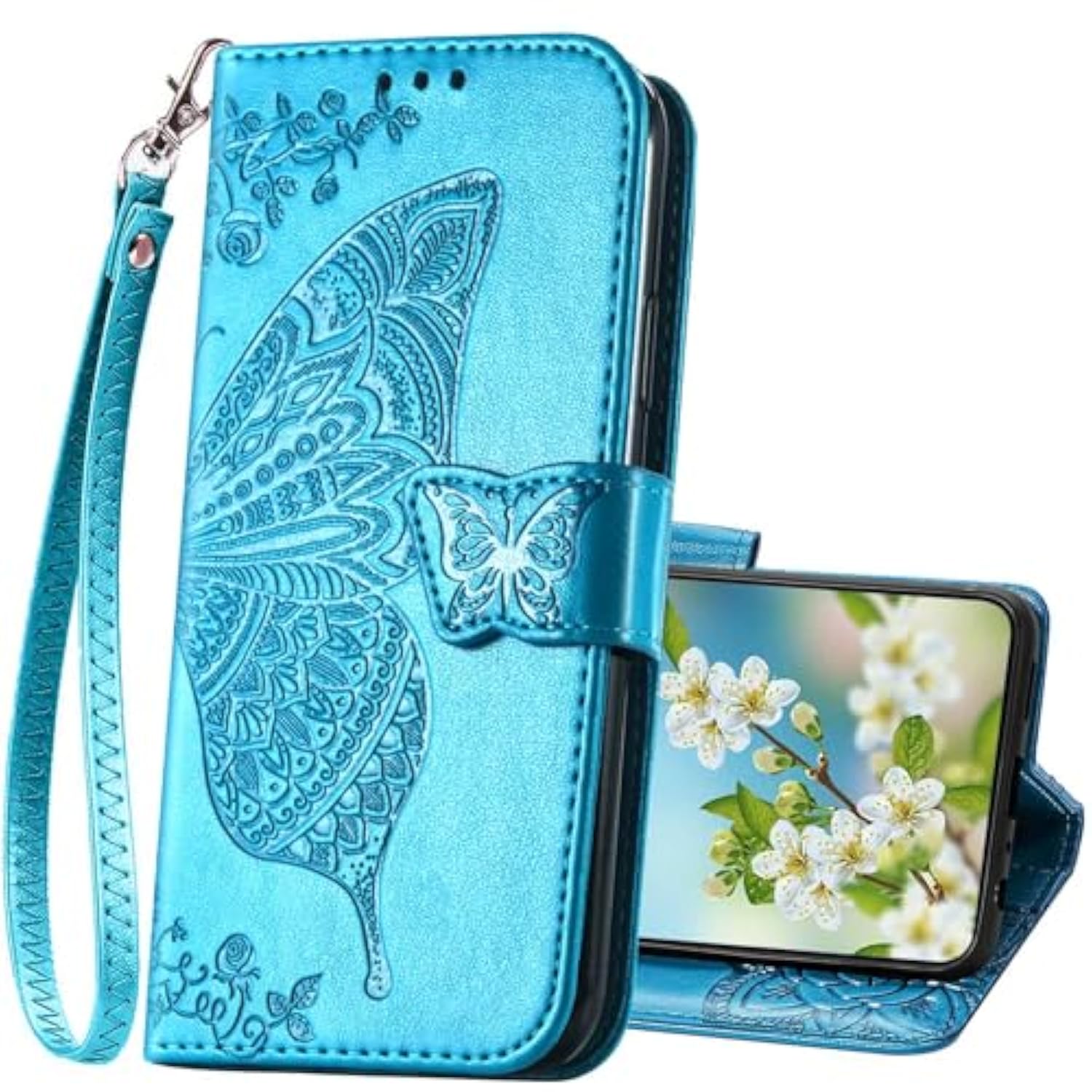 For Galaxy S25 5G Phone Case Wallet,Women Flip Folio Cover With Credit Card Holders Slots Butterfly Embossed Pu Leather Kickstand Wrist Strap Purse For Samsung S25 (Blue)